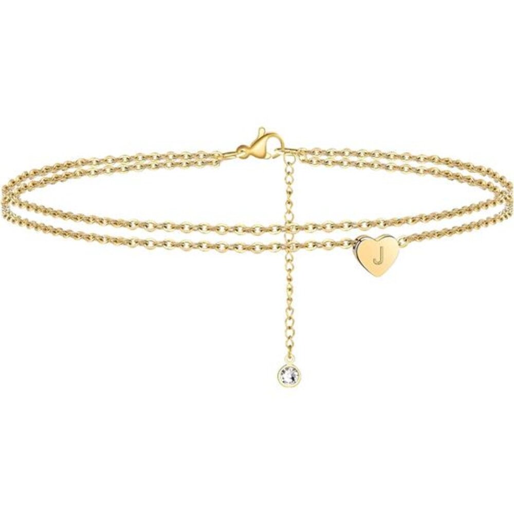 Heart Initial Ankle Bracelets for Women, 14K Gold Filled Handmade